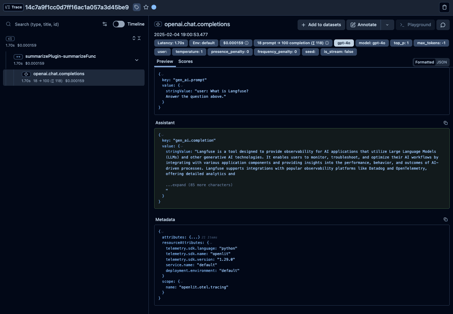 Semantic Kernel trace visualization in Langfuse